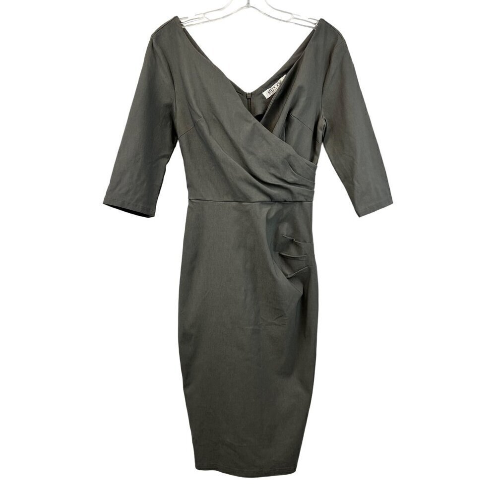 MUXXN Womens V-Neck 3/4 Sleeve Gray Midi Sheath Dress Ruched Back Slit Small